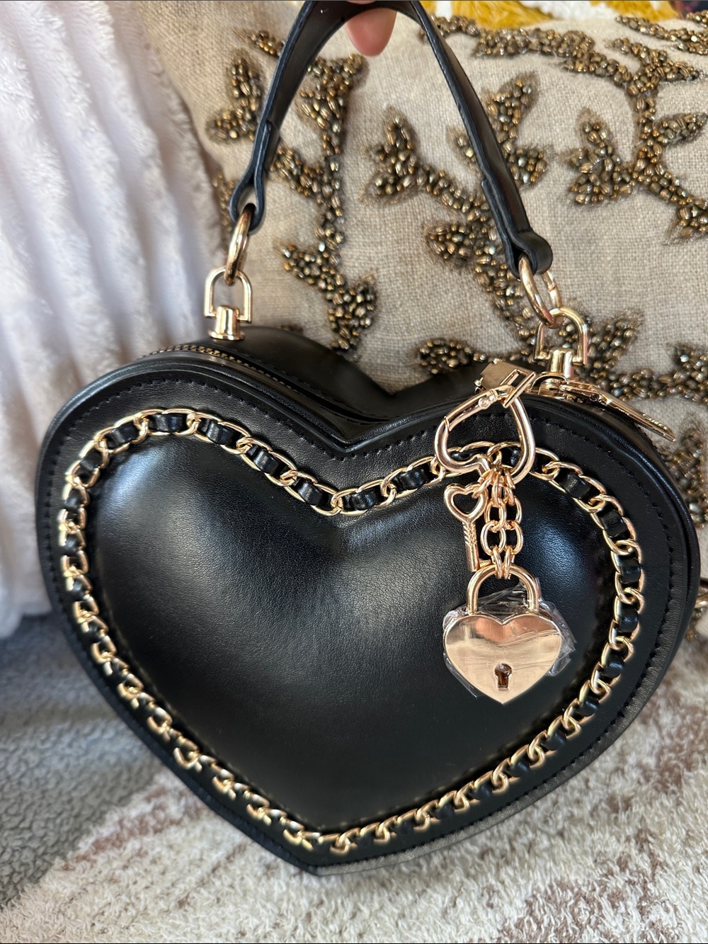 Heart Black Crossbody Bag Gold Chain Detail Top Handle Purse locket 🔑 chain